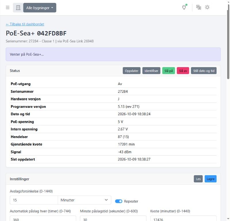 Status for en PoE-Sea+ med knapper for å slå Wi-Fi på og av